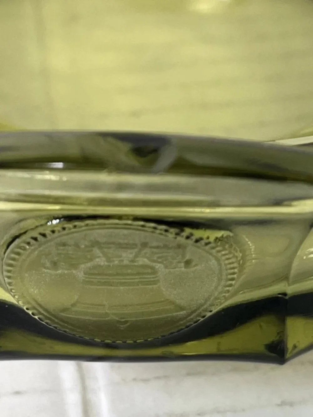 Vintage Fostoria Coin Glass Olive Green Covered Candy Dish